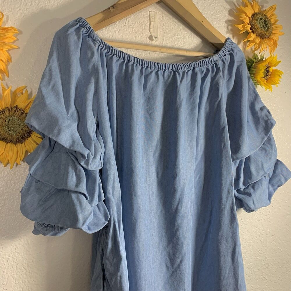 Zara Woman Blue Denim Ruffle Tiered Sleeve Short Off The Shoulder Dress Size XS - Picture 6 of 9